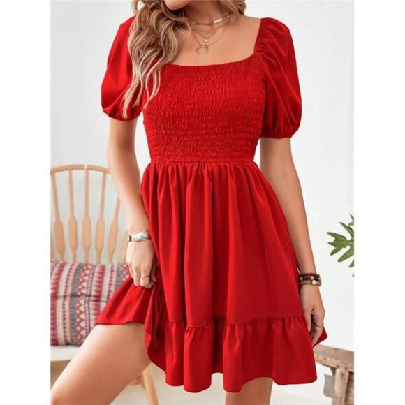 Variété Boutique Dresses & Skirts - Square Neck Puff Sleeve Ruffle Hem Dress